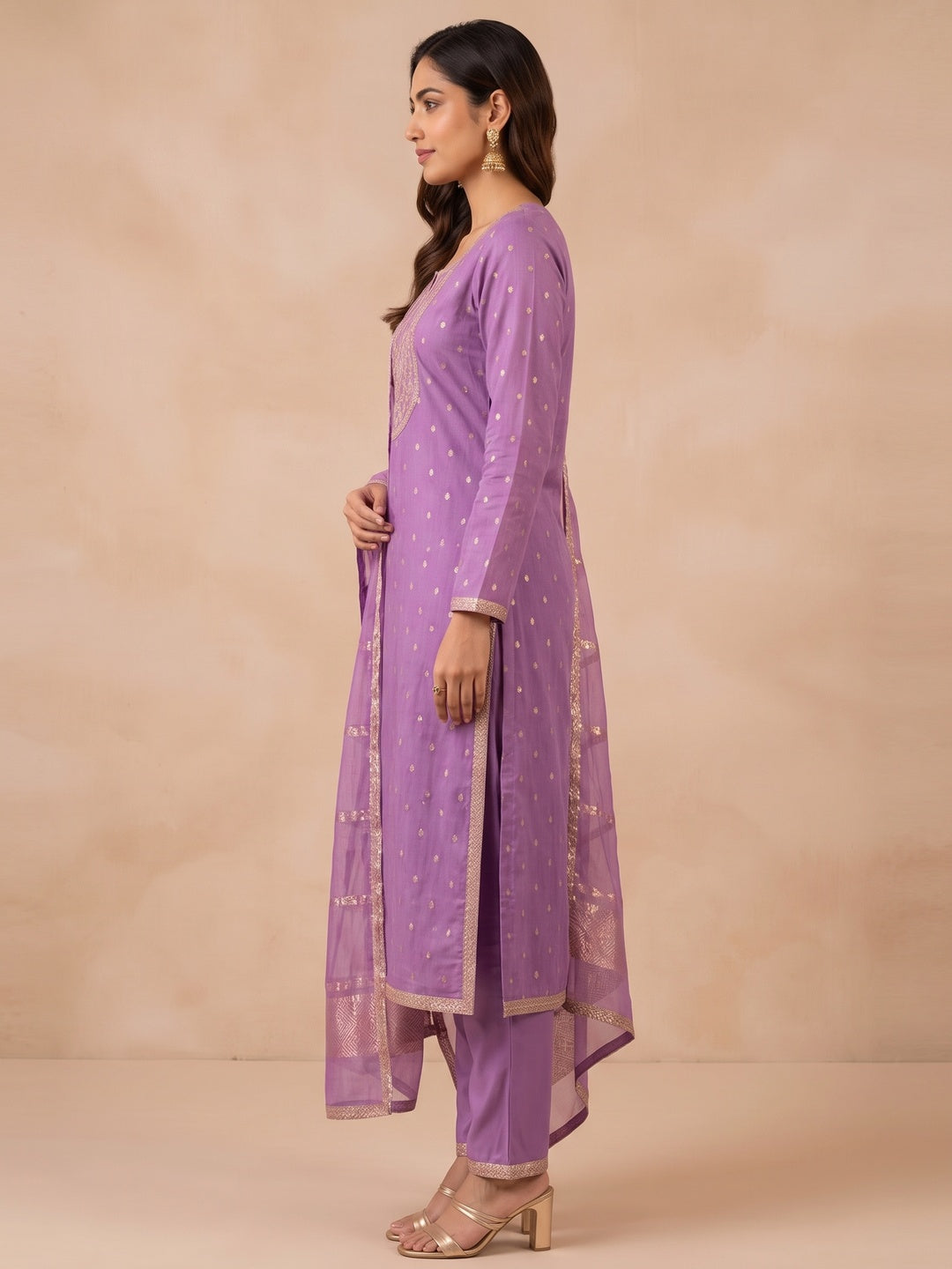 Peachmode Purple Shimmer Silk Dress Material with Embroidered Dupatta - Image 3