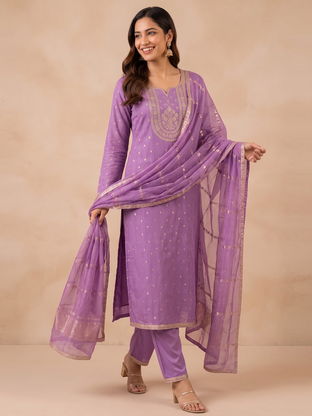 Peachmode Purple Shimmer Silk Dress Material with Embroidered Dupatta - Image 4