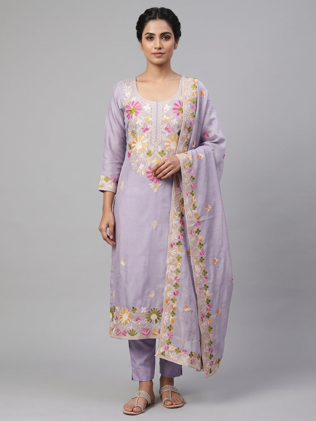 Lavender Designer Roman Art Silk Dress Material Adorned With Floral Thread Embroidery Work - Image 1