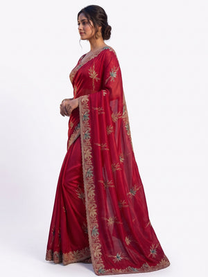 Elegant Red Satin Saree with Designer Embroidery and Stone Work - Image 2