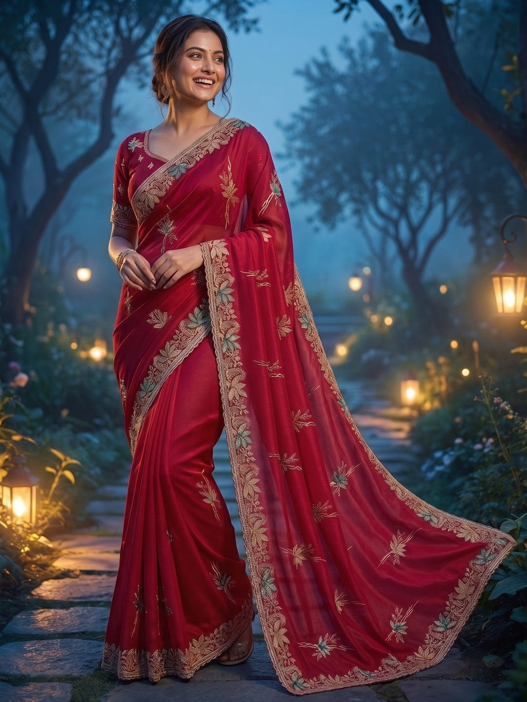 Elegant Red Satin Saree with Designer Embroidery and Stone Work - Image 3