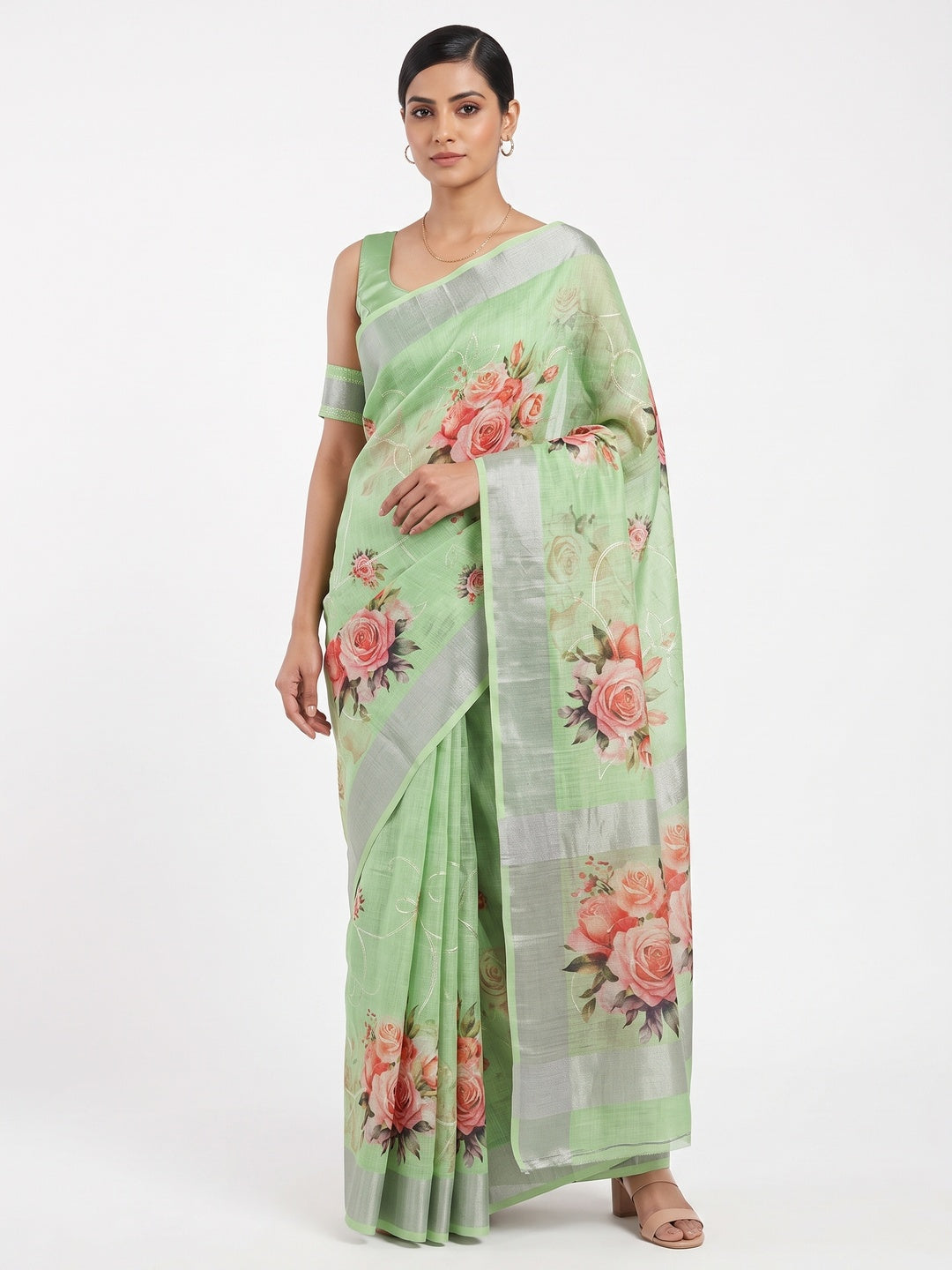 Green Floral Printed Linen Cotton Saree with Subtle Texture and Thread Work Highlights - Image 1