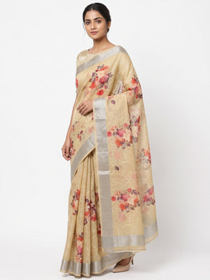 Beige Floral Printed Linen Cotton Saree with Subtle Texture and Thread Work Highlights - Image 1