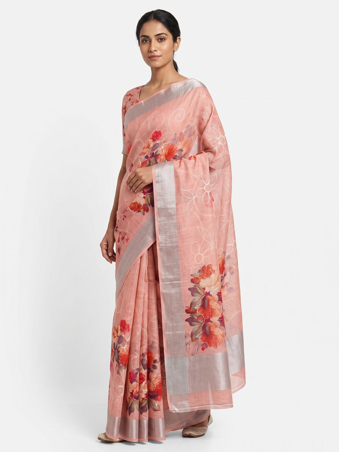 Peach Floral Printed Linen Cotton Saree with Subtle Texture and Thread Work Highlights - Image 1