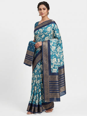 Luxurious Teal Blue Floral Print Dola Silk Saree With Intricate Peacock Motif Zari Woven Border - Image 1