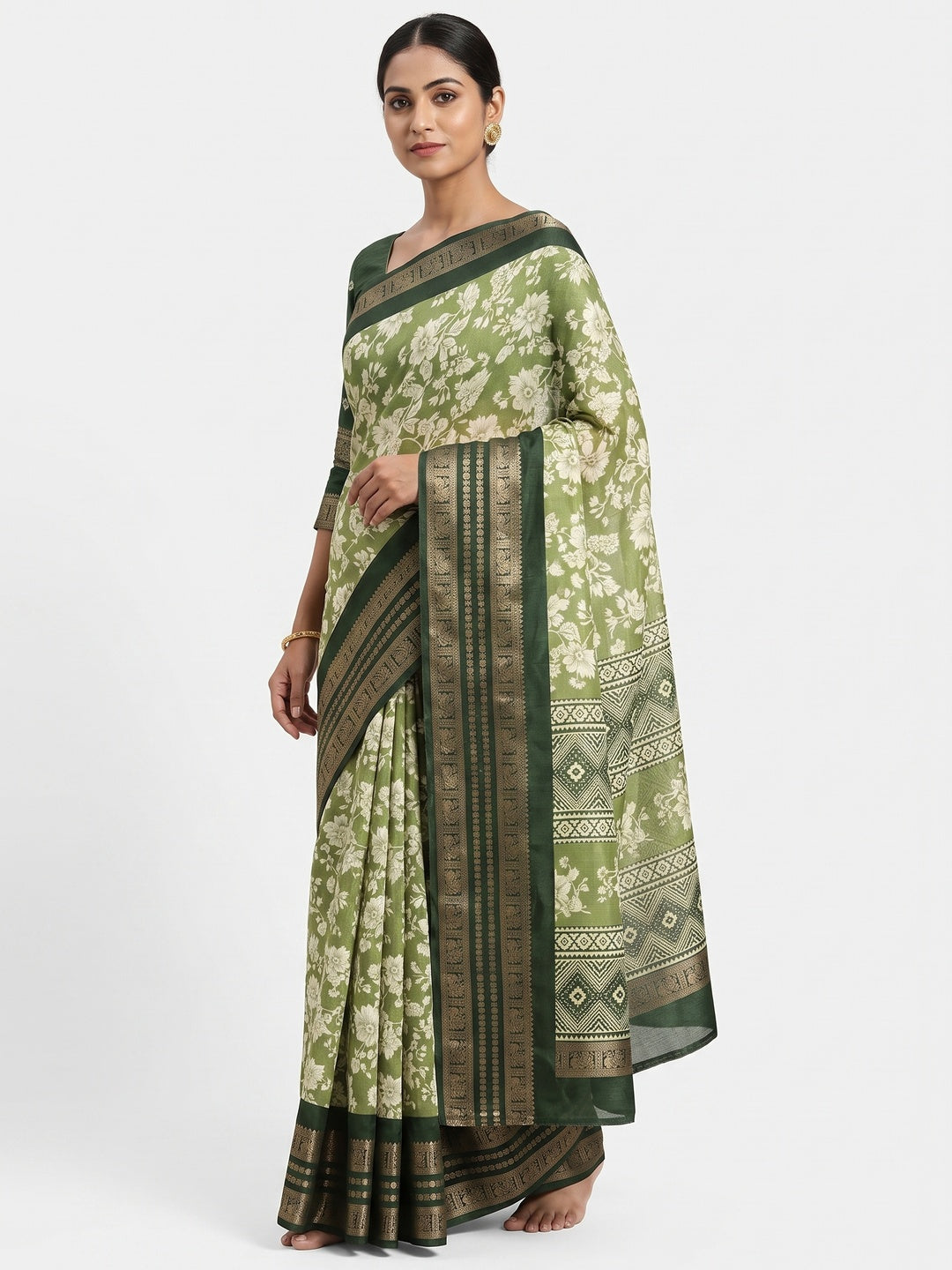 Luxurious Green Floral Print Dola Silk Saree With Intricate Peacock Motif Zari Woven Border - Image 1
