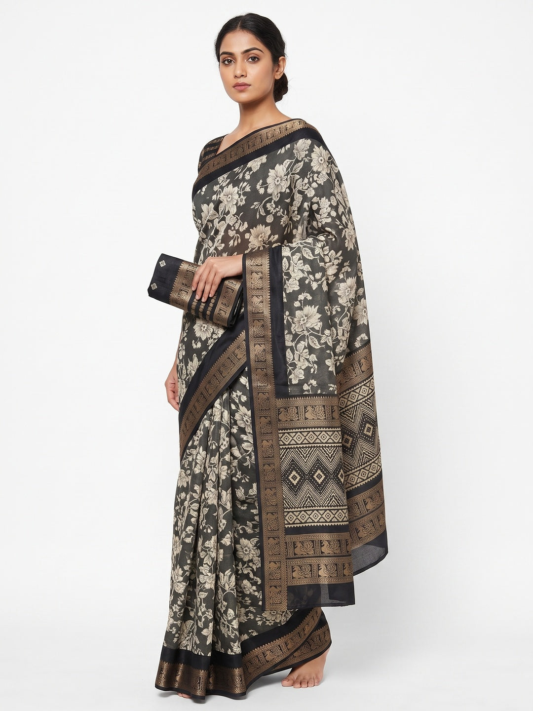 Luxurious Grey Floral Print Dola Silk Saree With Intricate Peacock Motif Zari Woven Border - Image 1