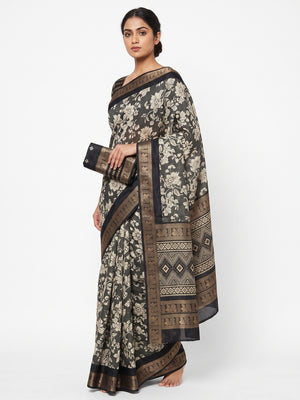 Luxurious Grey Floral Print Dola Silk Saree With Intricate Peacock Motif Zari Woven Border - Image 1