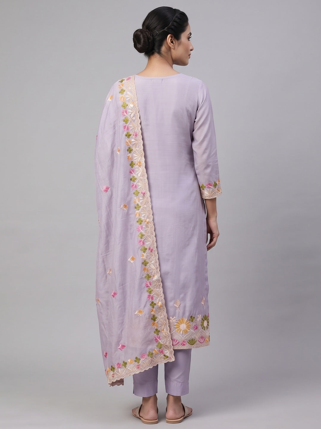 Lavender Designer Roman Art Silk Dress Material Adorned With Floral Thread Embroidery Work - Image 2