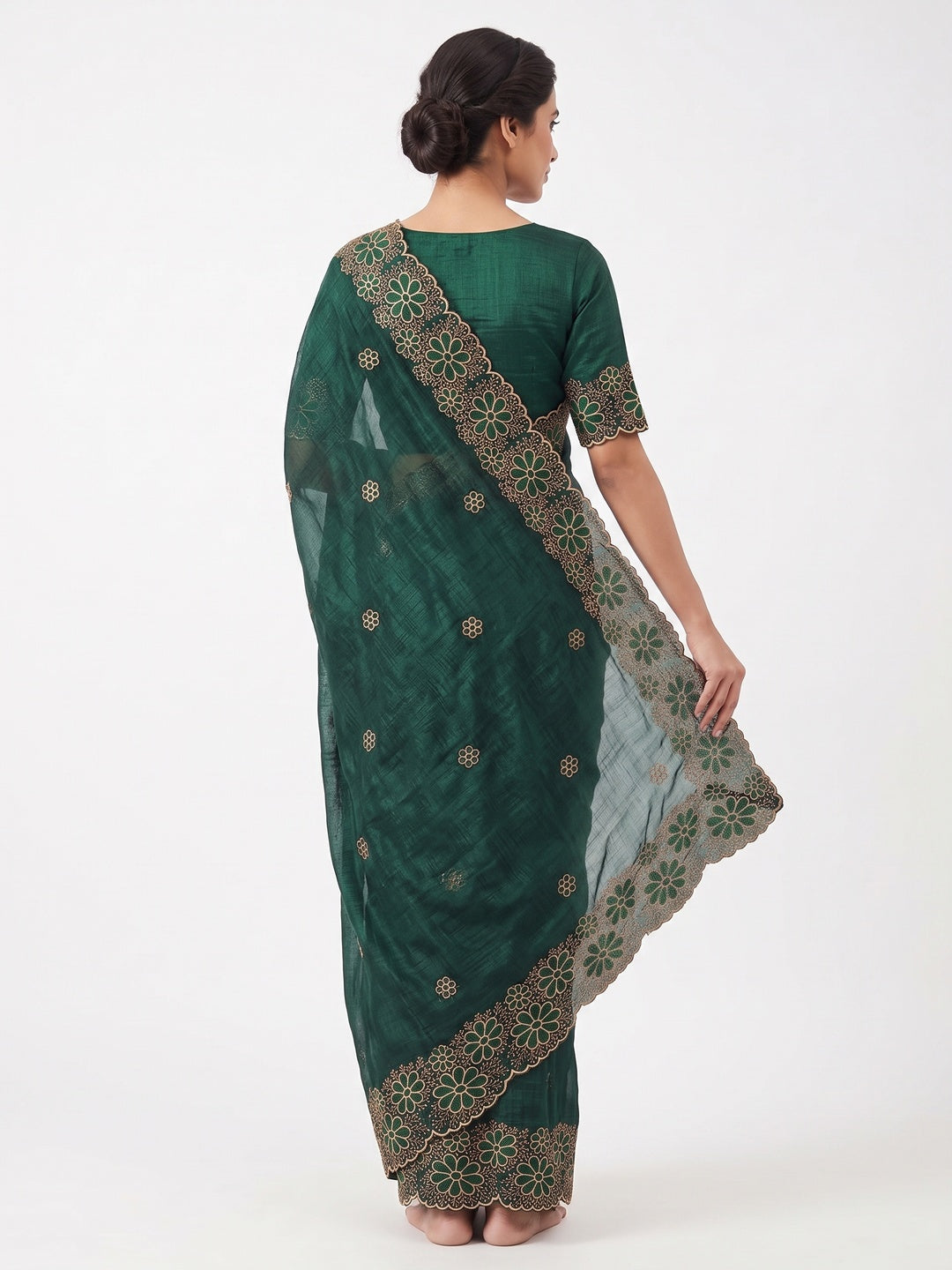 Green Partywear Saree in Soft Chiffon with Intricate Floral Embroidery - Image 2