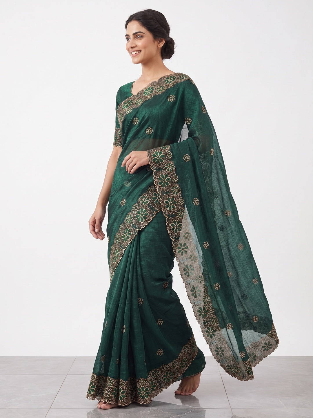Green Partywear Saree in Soft Chiffon with Intricate Floral Embroidery - Image 4