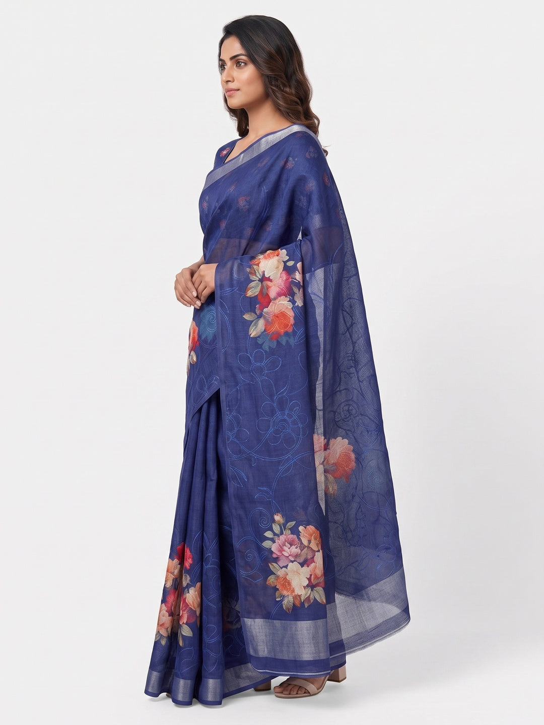 Blue Floral Printed Linen Cotton Saree with Subtle Texture and Thread Work Highlights - Image 2
