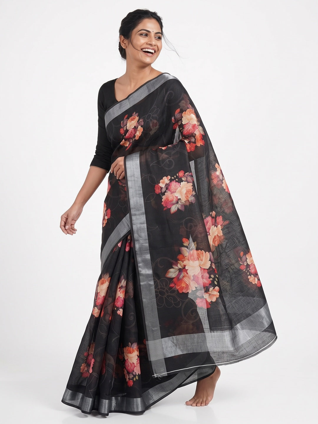 Black Floral Printed Linen Cotton Saree with Subtle Texture and Thread Work Highlights - Image 4