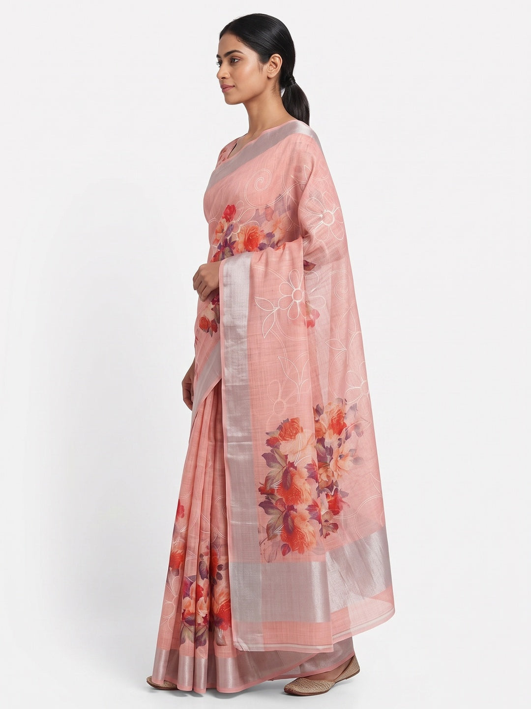 Peach Floral Printed Linen Cotton Saree with Subtle Texture and Thread Work Highlights - Image 3