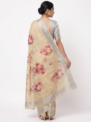 Beige Floral Printed Linen Cotton Saree with Subtle Texture and Thread Work Highlights - Image 2