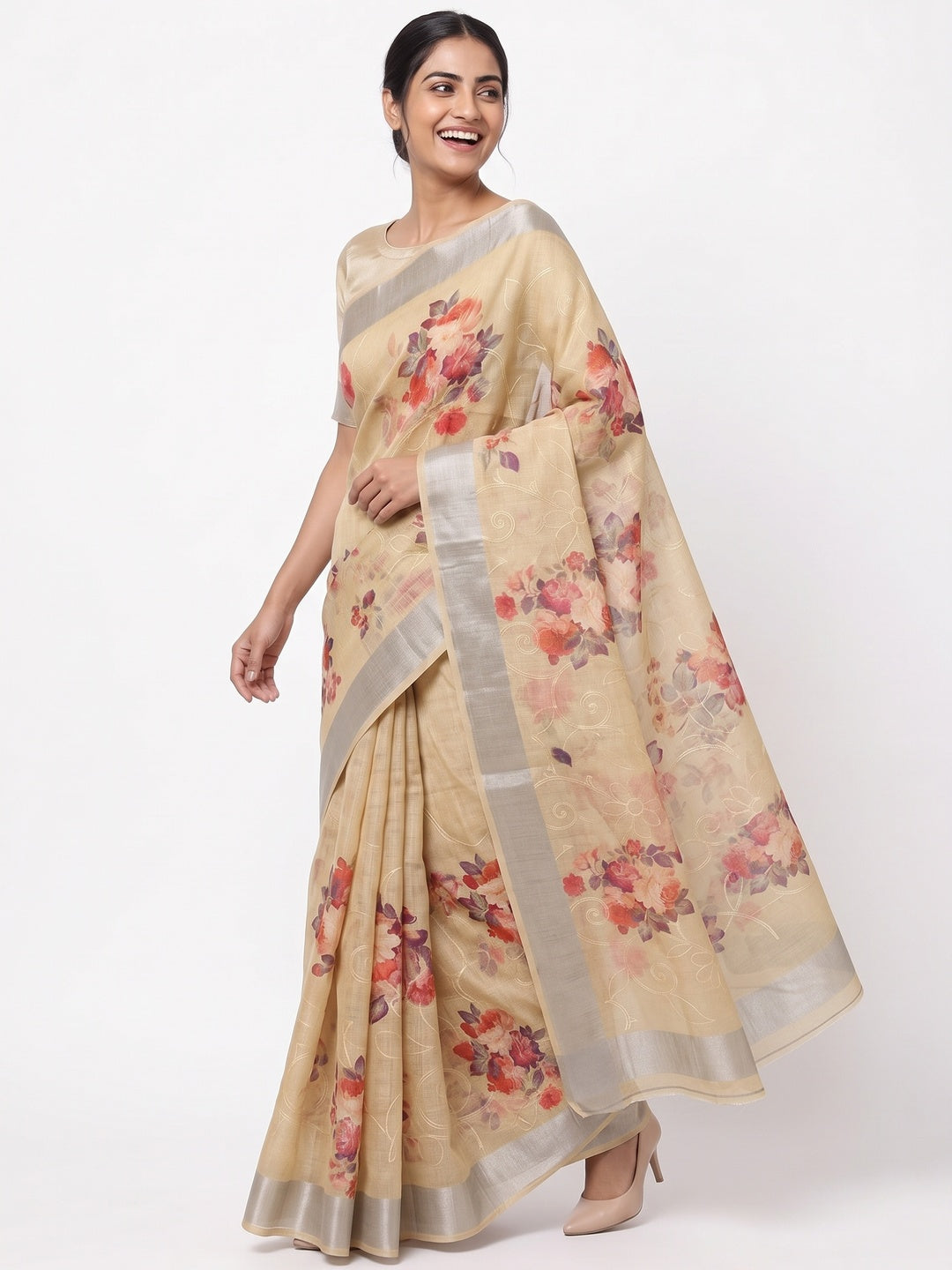 Beige Floral Printed Linen Cotton Saree with Subtle Texture and Thread Work Highlights - Image 3