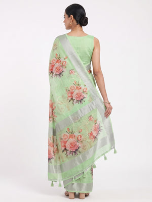 Green Floral Printed Linen Cotton Saree with Subtle Texture and Thread Work Highlights - Image 2
