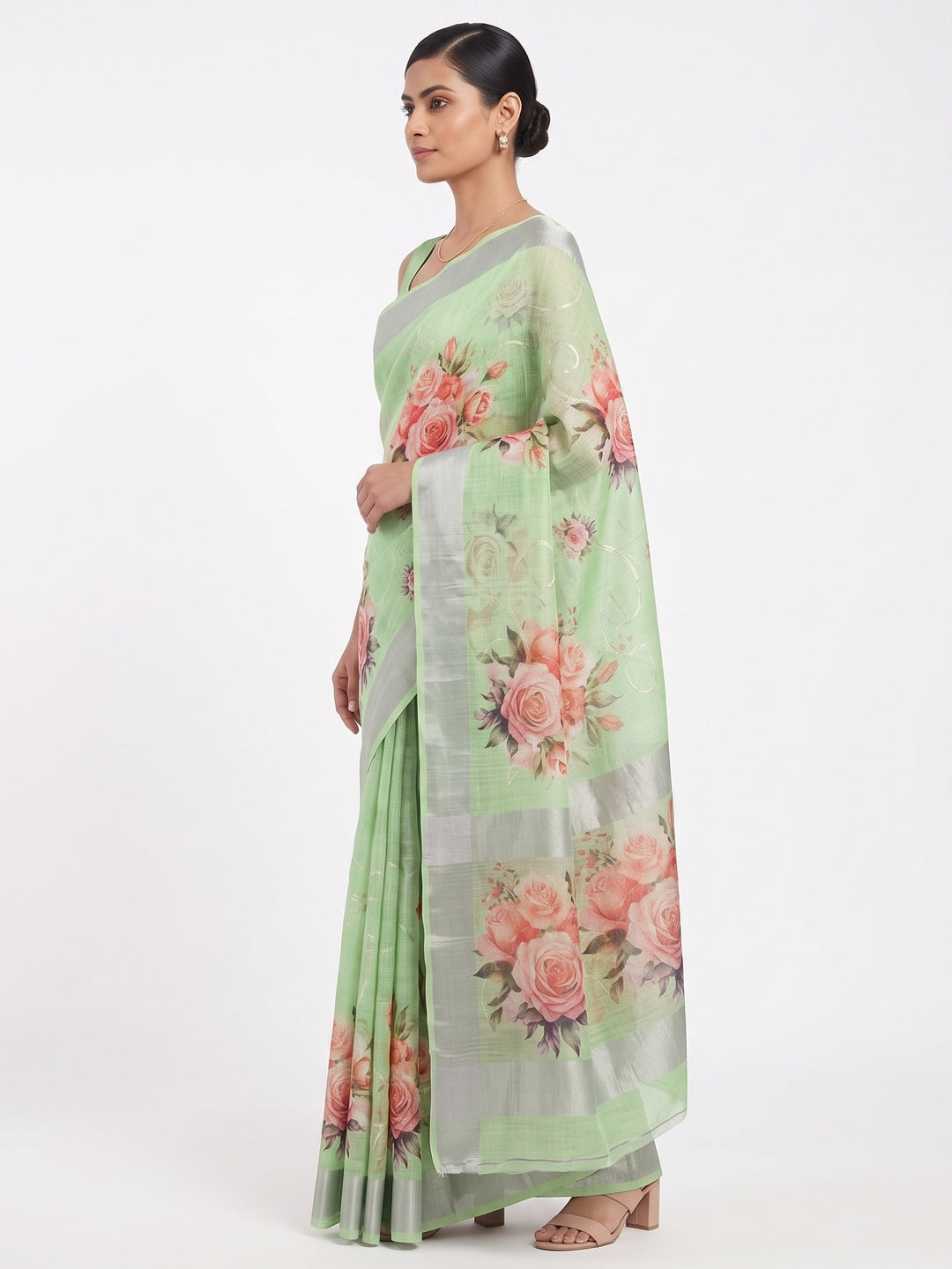 Green Floral Printed Linen Cotton Saree with Subtle Texture and Thread Work Highlights - Image 3