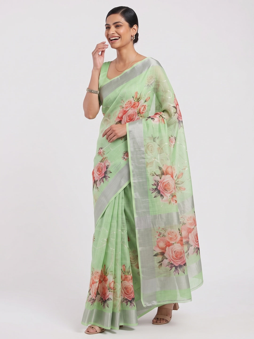 Green Floral Printed Linen Cotton Saree with Subtle Texture and Thread Work Highlights - Image 4