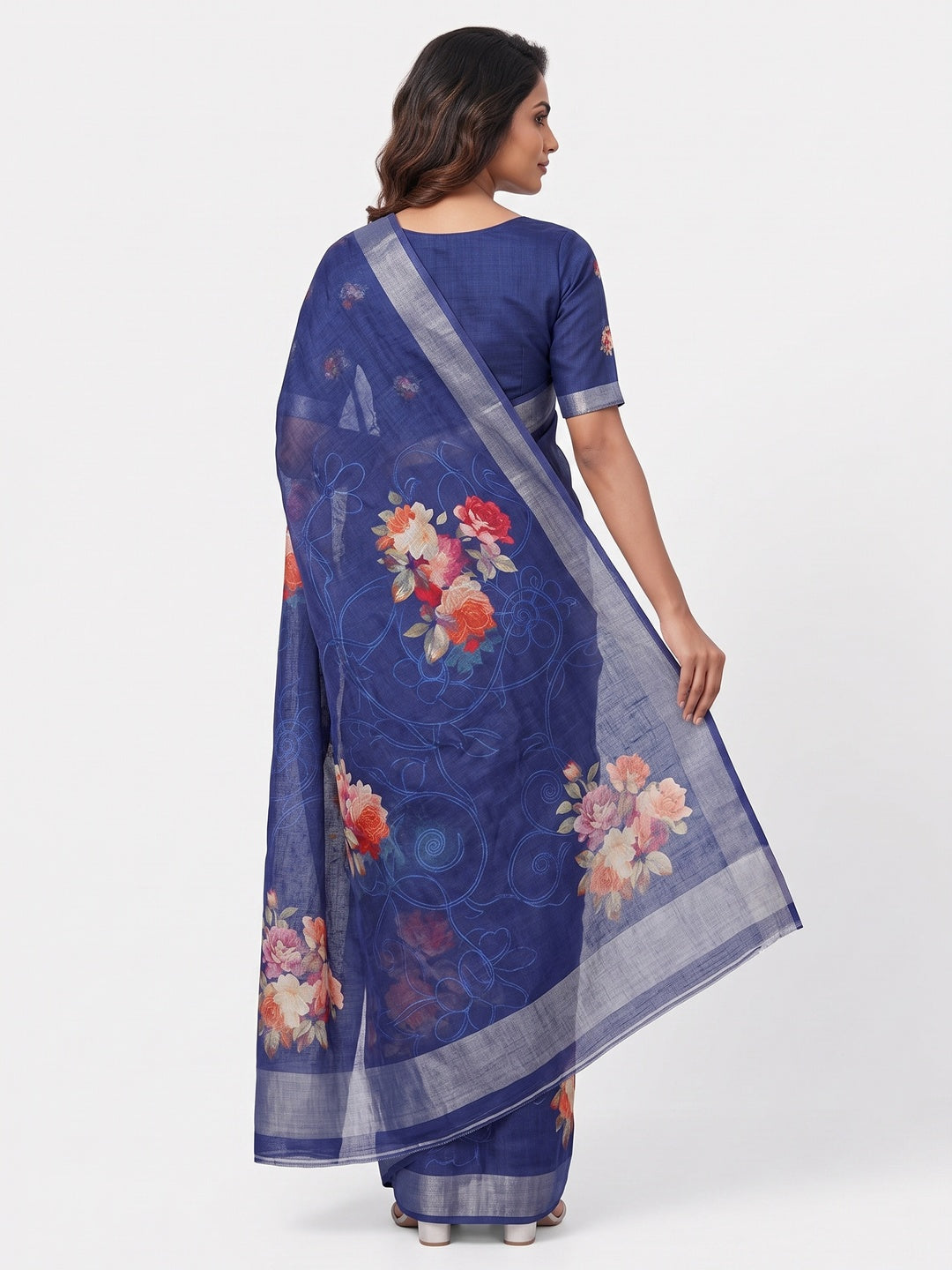 Blue Floral Printed Linen Cotton Saree with Subtle Texture and Thread Work Highlights - Image 3