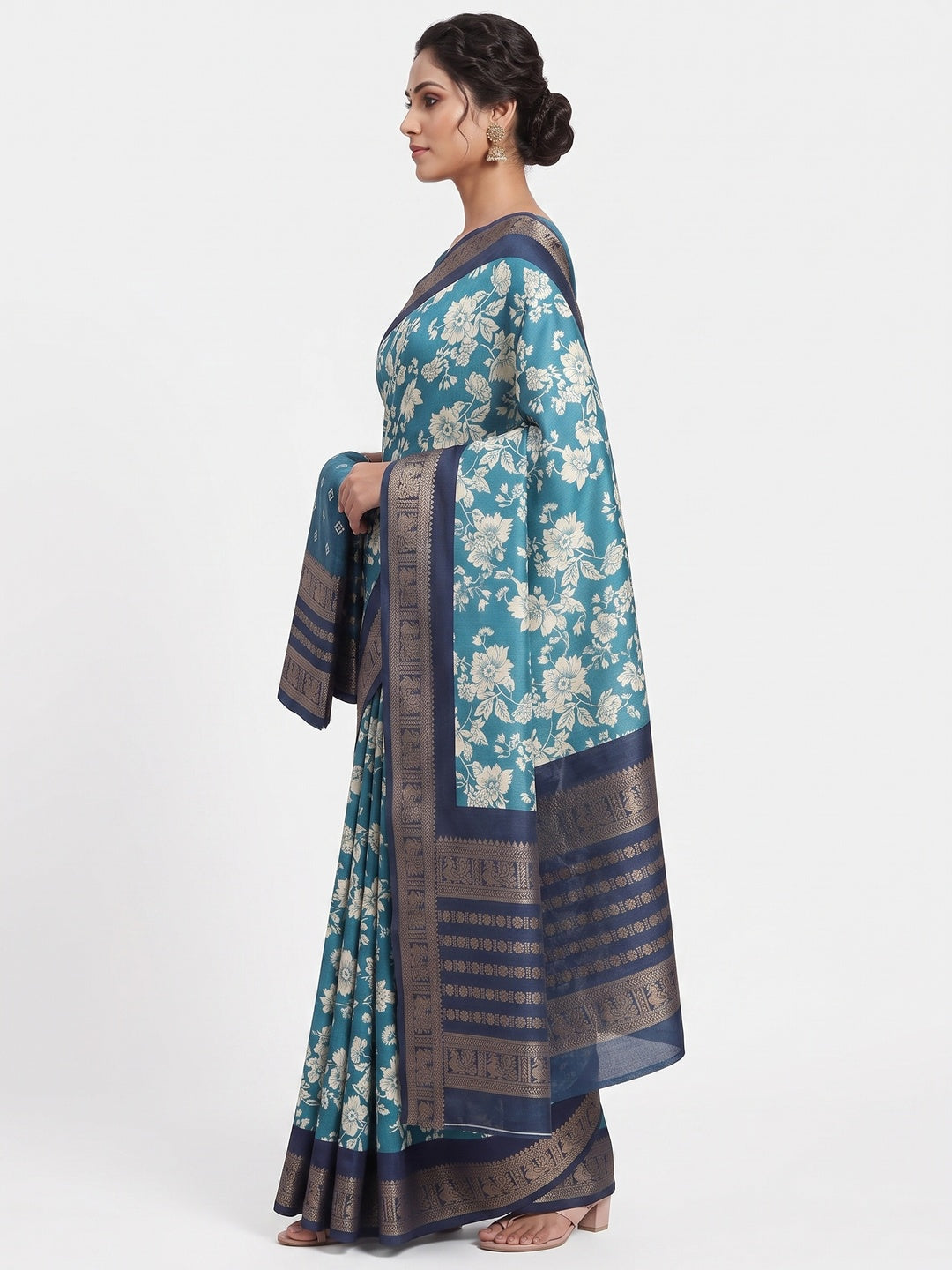 Luxurious Teal Blue Floral Print Dola Silk Saree With Intricate Peacock Motif Zari Woven Border - Image 3