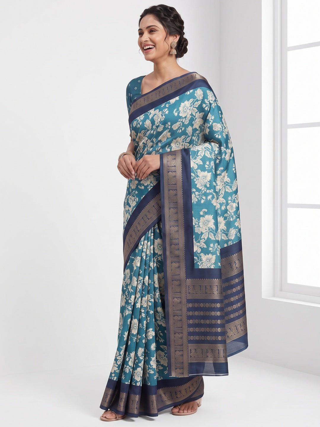 Luxurious Teal Blue Floral Print Dola Silk Saree With Intricate Peacock Motif Zari Woven Border - Image 4