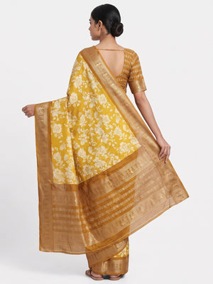 Luxurious Mustard Floral Print Dola Silk Saree With Intricate Peacock Motif Zari Woven Border - Image 2
