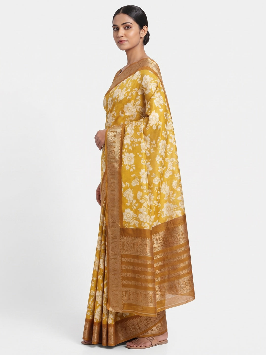 Luxurious Mustard Floral Print Dola Silk Saree With Intricate Peacock Motif Zari Woven Border - Image 3