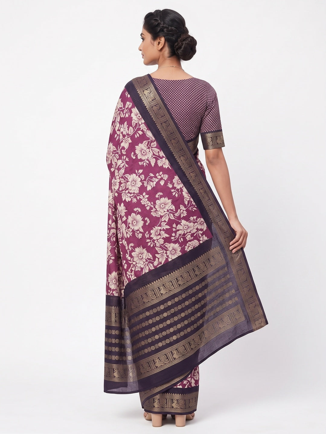 Luxurious Wine Floral Print Dola Silk Saree With Intricate Peacock Motif Zari Woven Border - Image 2