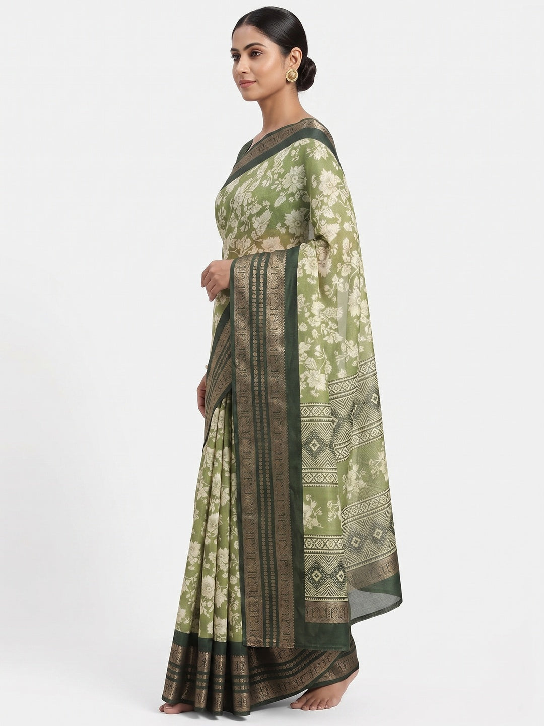 Luxurious Green Floral Print Dola Silk Saree With Intricate Peacock Motif Zari Woven Border - Image 3