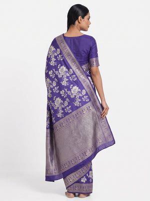 Luxurious Majorelle Blue Floral Print Dola Silk Saree With Intricate Peacock Motif Zari Woven Border - Image 2