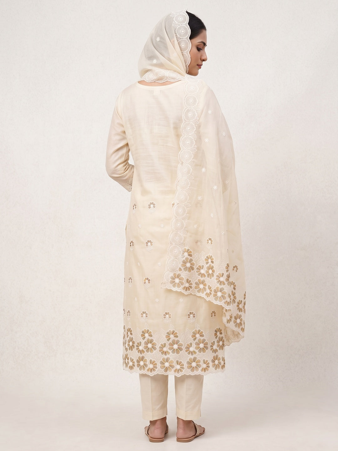Elegant Cream Floral Thread Embroidered Chanderi Silk Dress Material - Image 2