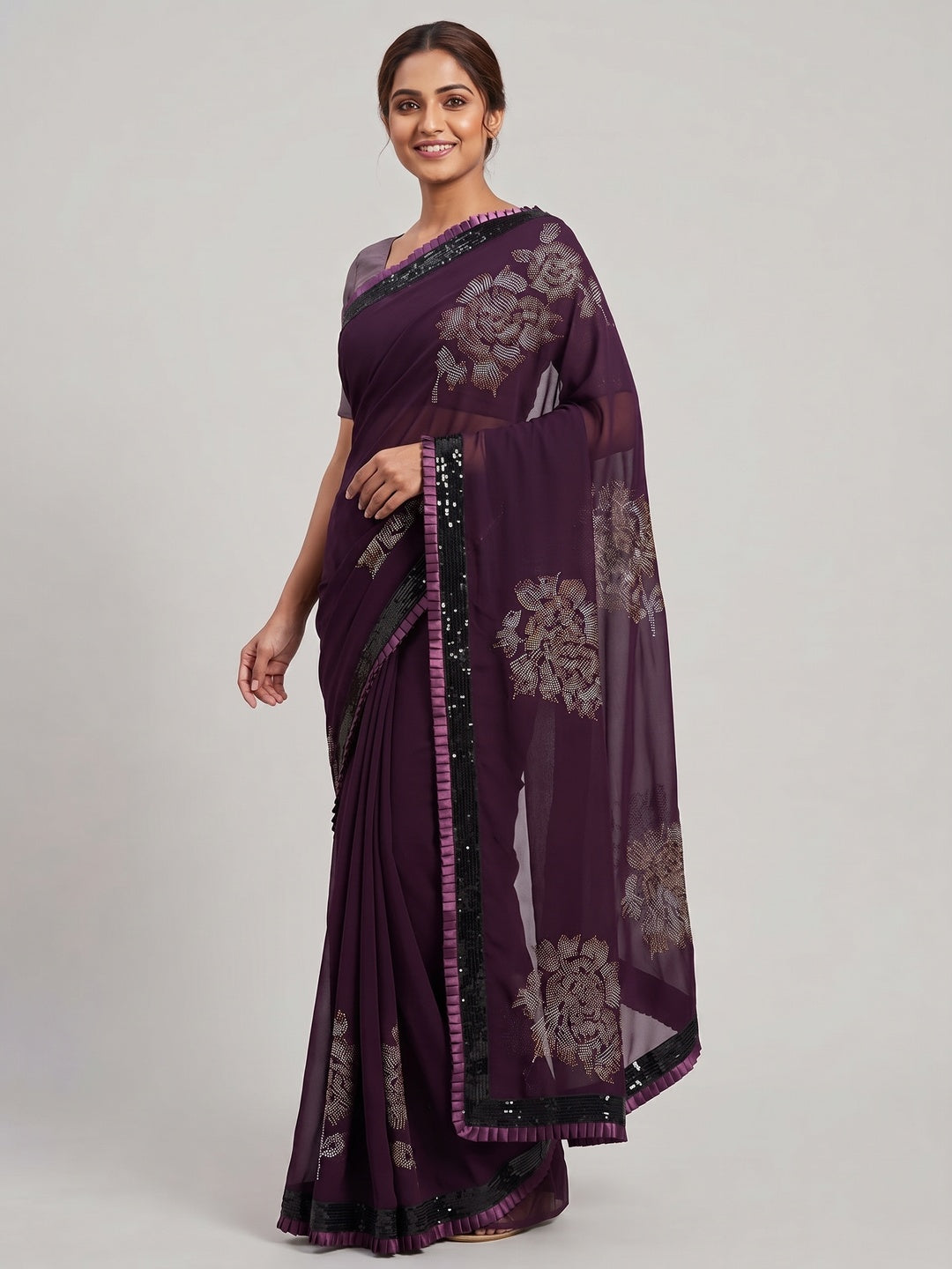 Wine Partywear Embroidered Georgette Saree - Image 1