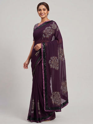 Wine Partywear Embroidered Georgette Saree - Image 1