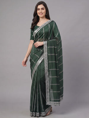 Bottle Green Sequins Embroidered Chiffon Silk Saree - Image 1