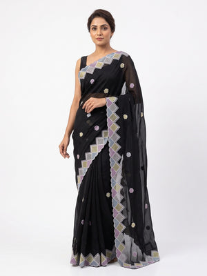 Elegant Black Chiffon Silk Saree Adorned With Delicate Floral Sequin Work - Image 1