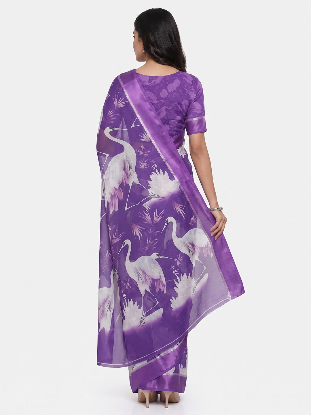 Purple Printed Moss Chiffon Saree With Zari Woven Border - Image 2