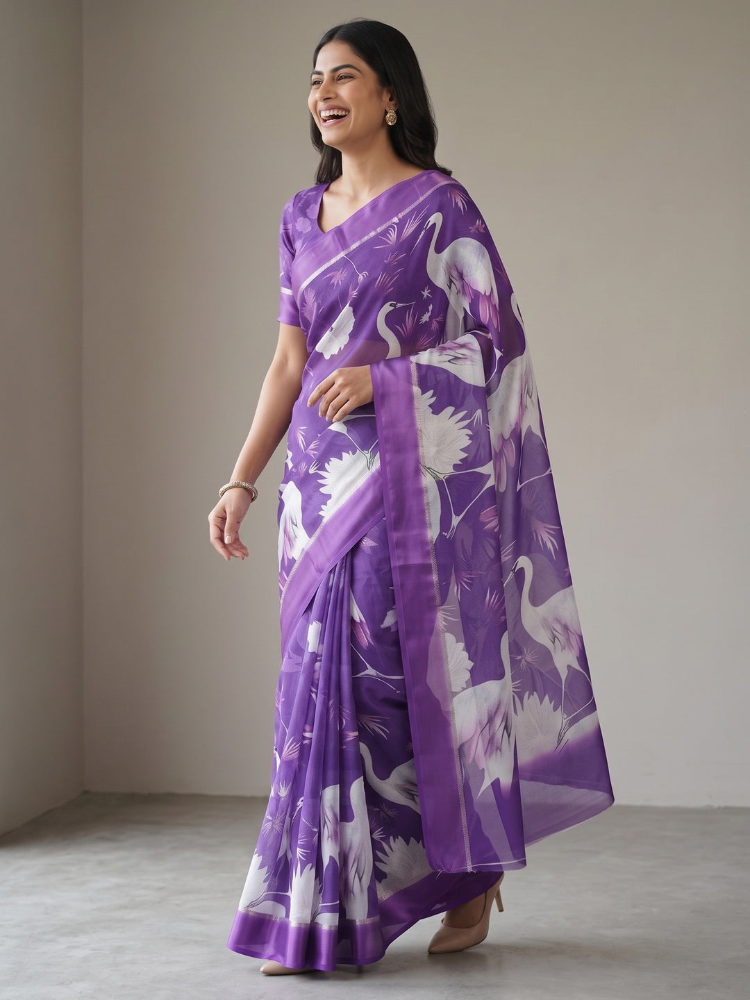 Purple Printed Moss Chiffon Saree With Zari Woven Border - Image 4
