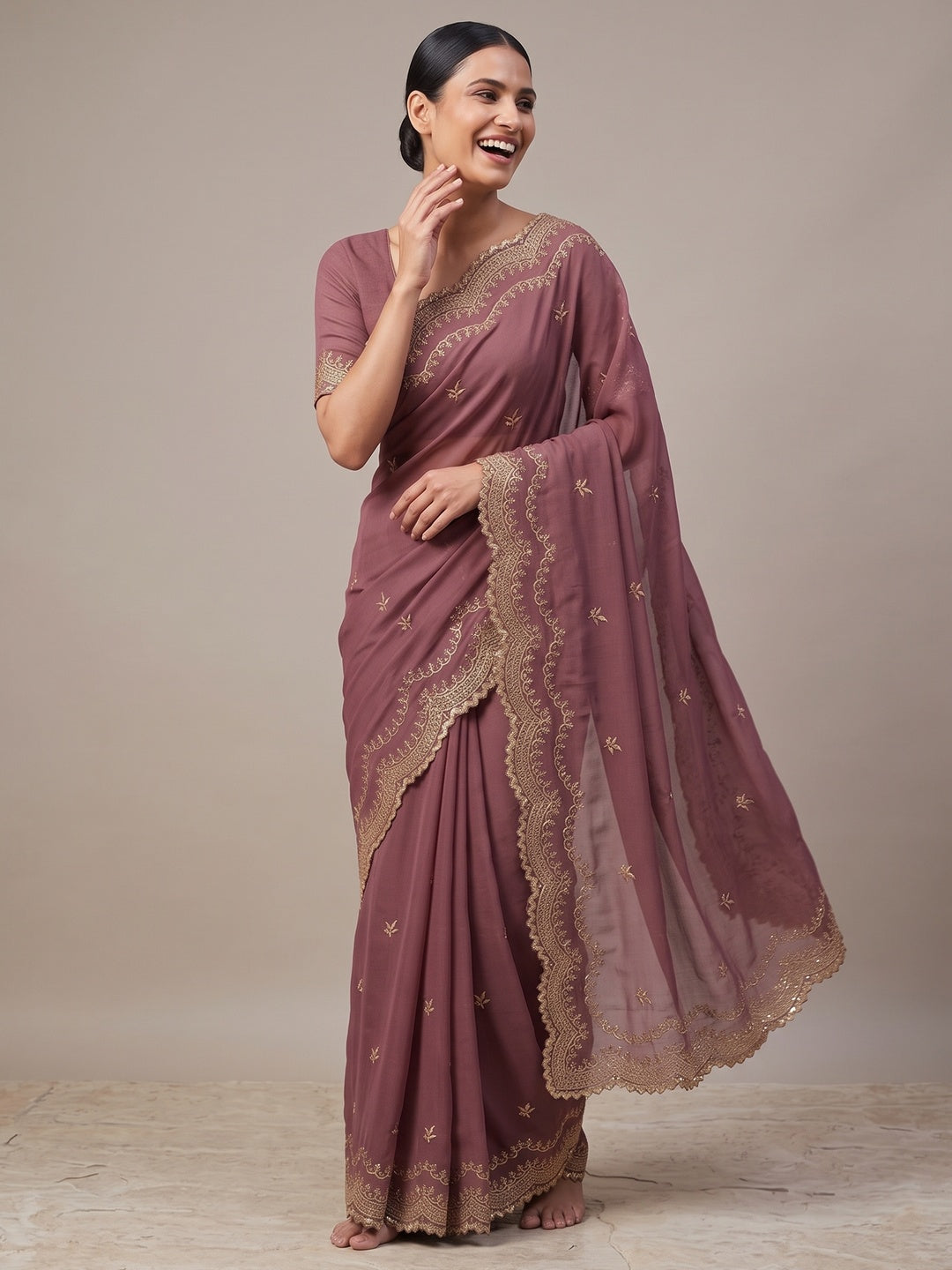 Mauve Embroidered Star Georgette Saree Designed for Stylish Party Wear - Image 4