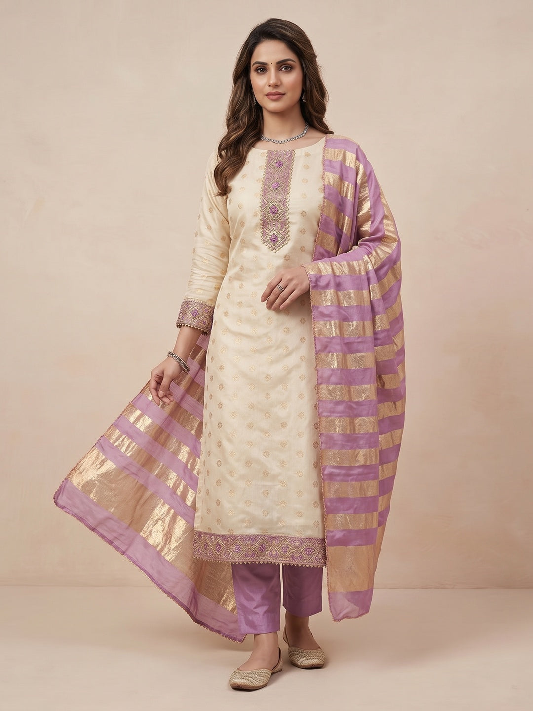Cream & Lavender Floral Weaving Shimmer Dress Material Adorned With Elegant Sequins Embroidery - Image 2