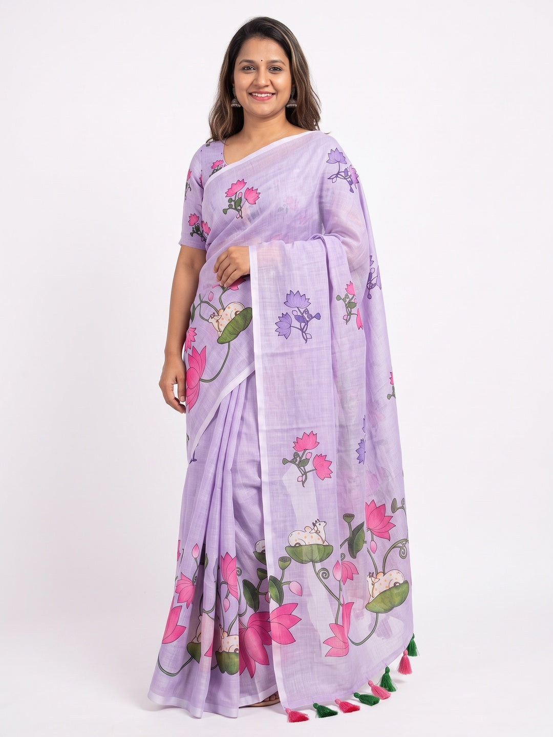 Elegant Lavender Pichwai Printed Linen Saree with Tassel Details - Image 1