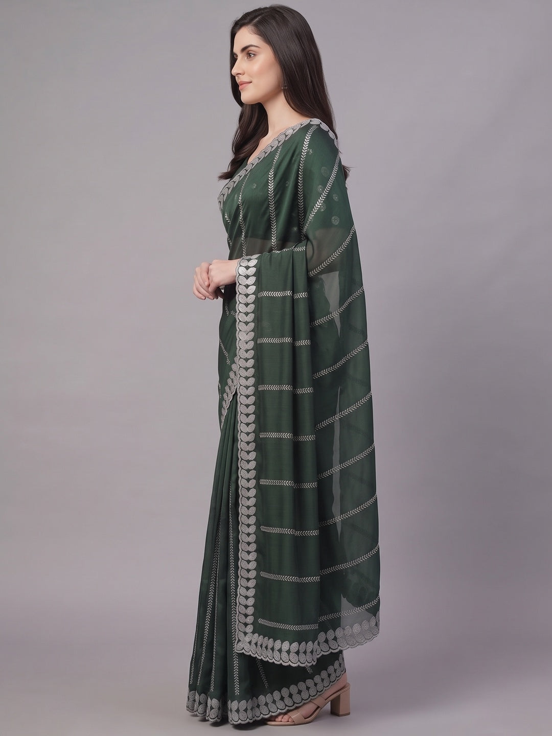 Bottle Green Sequins Embroidered Chiffon Silk Saree - Image 4