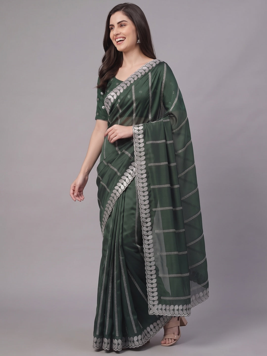 Bottle Green Sequins Embroidered Chiffon Silk Saree - Image 5