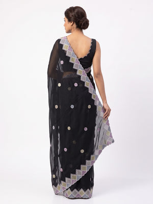 Elegant Black Chiffon Silk Saree Adorned With Delicate Floral Sequin Work - Image 2