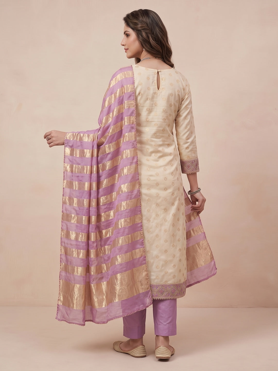 Cream & Lavender Floral Weaving Shimmer Dress Material Adorned With Elegant Sequins Embroidery - Image 3