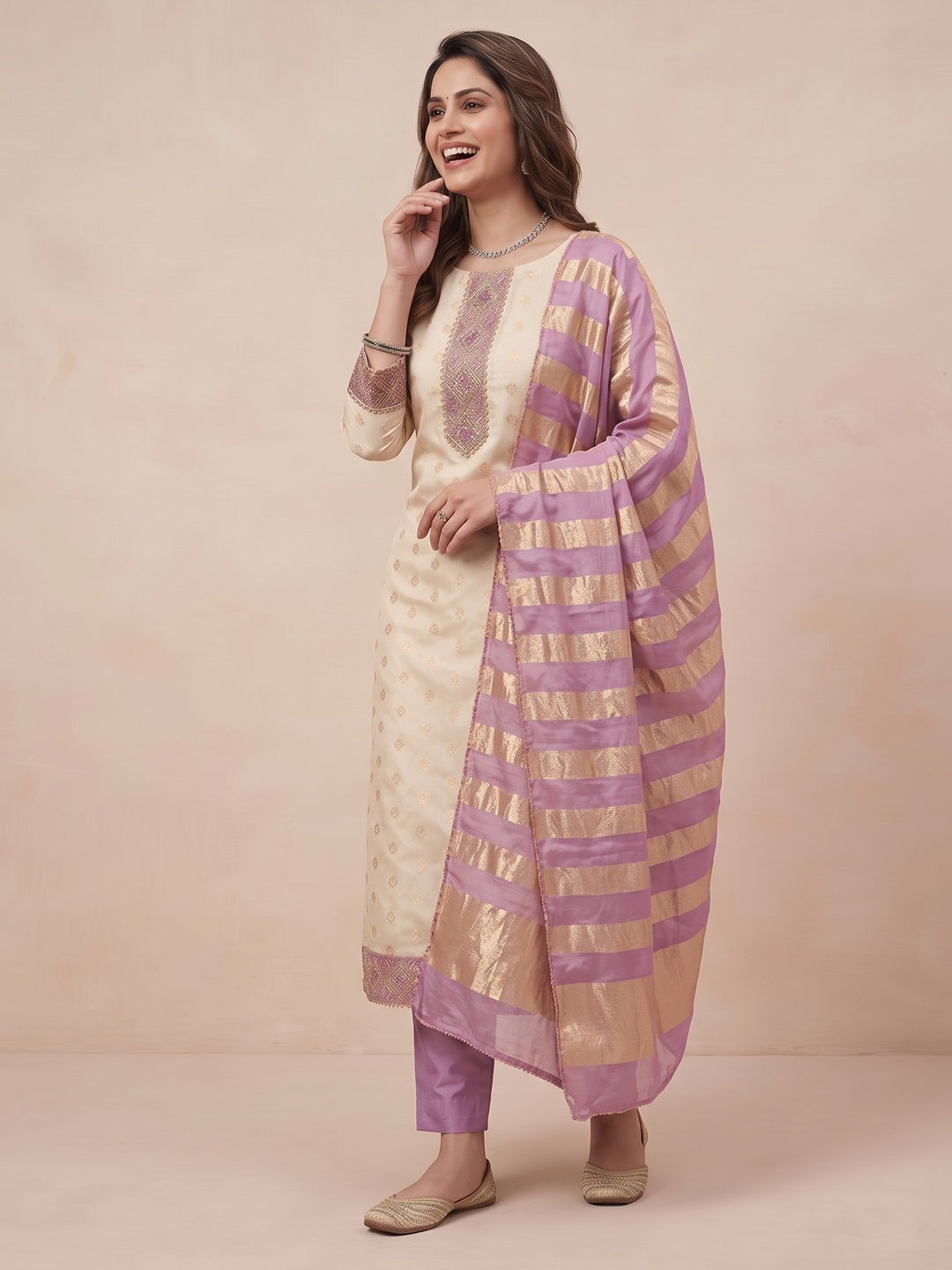 Cream & Lavender Floral Weaving Shimmer Dress Material Adorned With Elegant Sequins Embroidery - Image 5