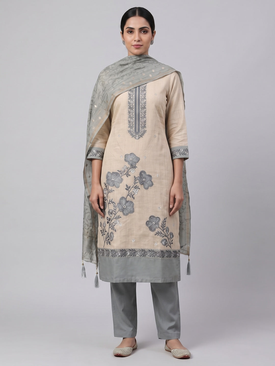 Peachmode Blue Linen Dress Material with Floral Print - Image 1