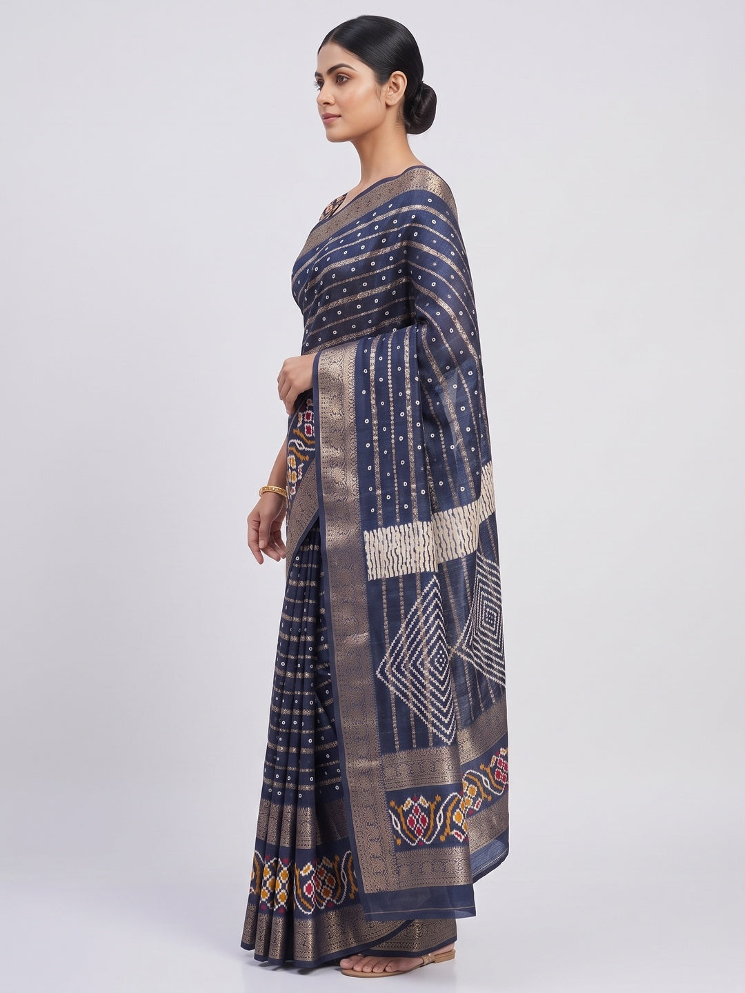 Navy Blue Bandhani Printed Dola Silk Saree Enhanced With Fine Weaving Accents - Image 3