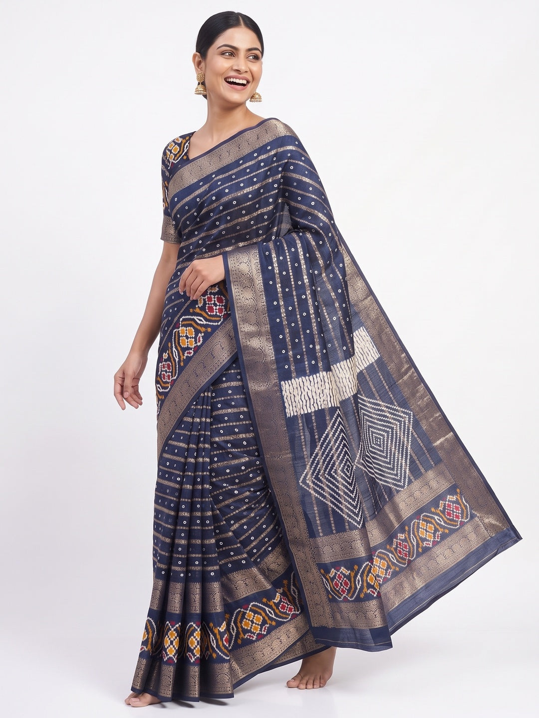 Navy Blue Bandhani Printed Dola Silk Saree Enhanced With Fine Weaving Accents - Image 4