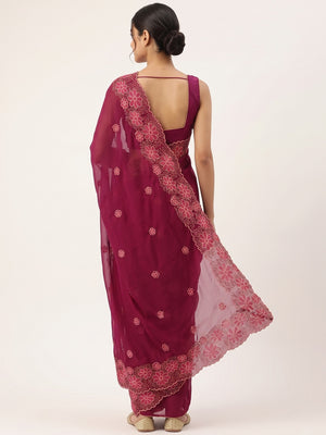 Pink Partywear Saree in Soft Chiffon with Intricate Floral Embroidery - Image 2